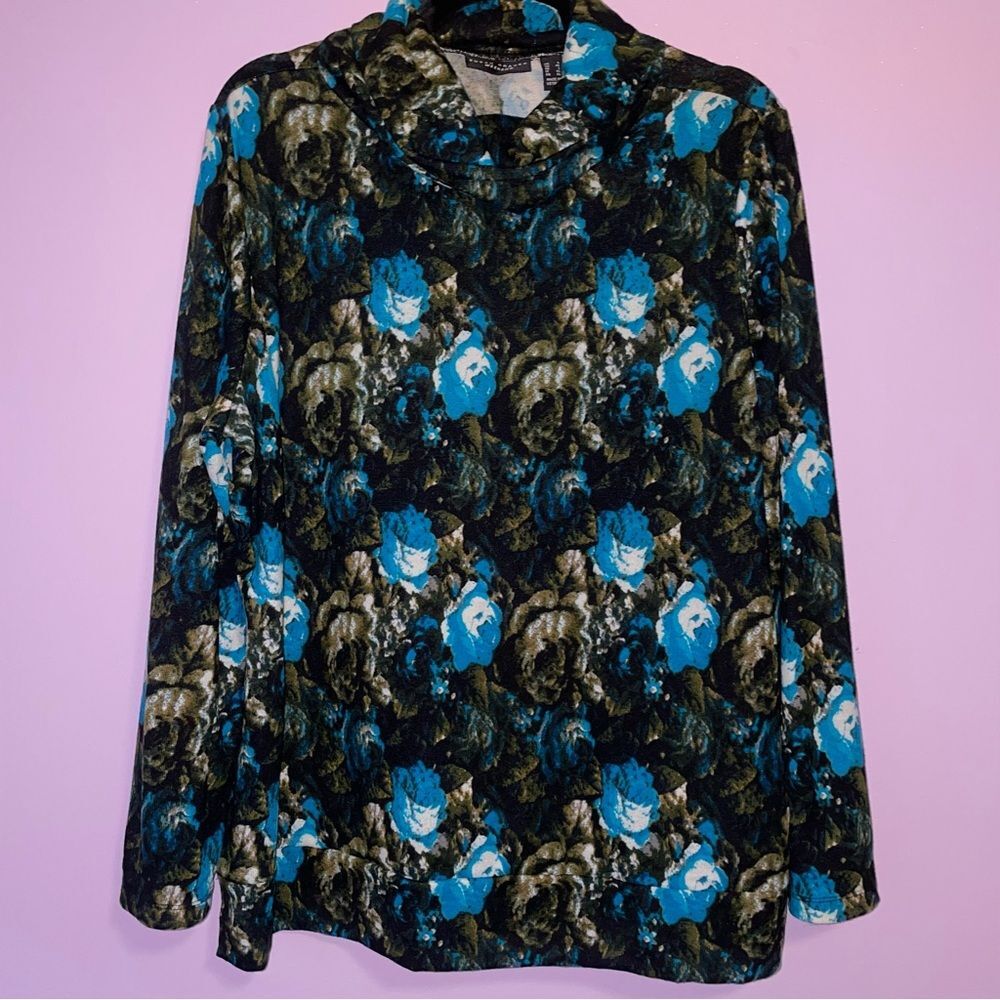 Susan Graver L Weekend Knit Turtleneck Floral Blouse Top QVC